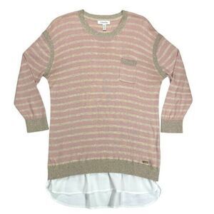 Calvin Klein Sweater Womens M Pink White Striped Layered Look Casual Pull Over